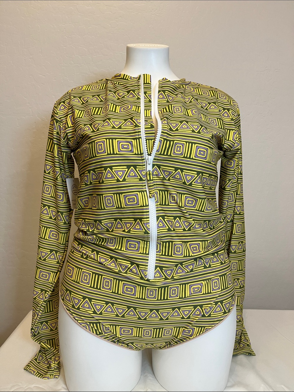 Women’s Long-Sleeve One-Piece Swimsuit in Olive Geometric Print